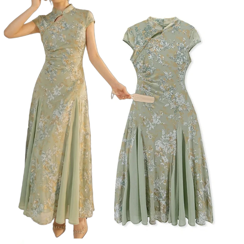 Vestido Qipao Verde con Estampado Floral, Manga Corta, Cuello Mandarín, Cintura Fruncida, Cheongsam Chino Moderno, Elegante Vestido de Fiesta para Mujer