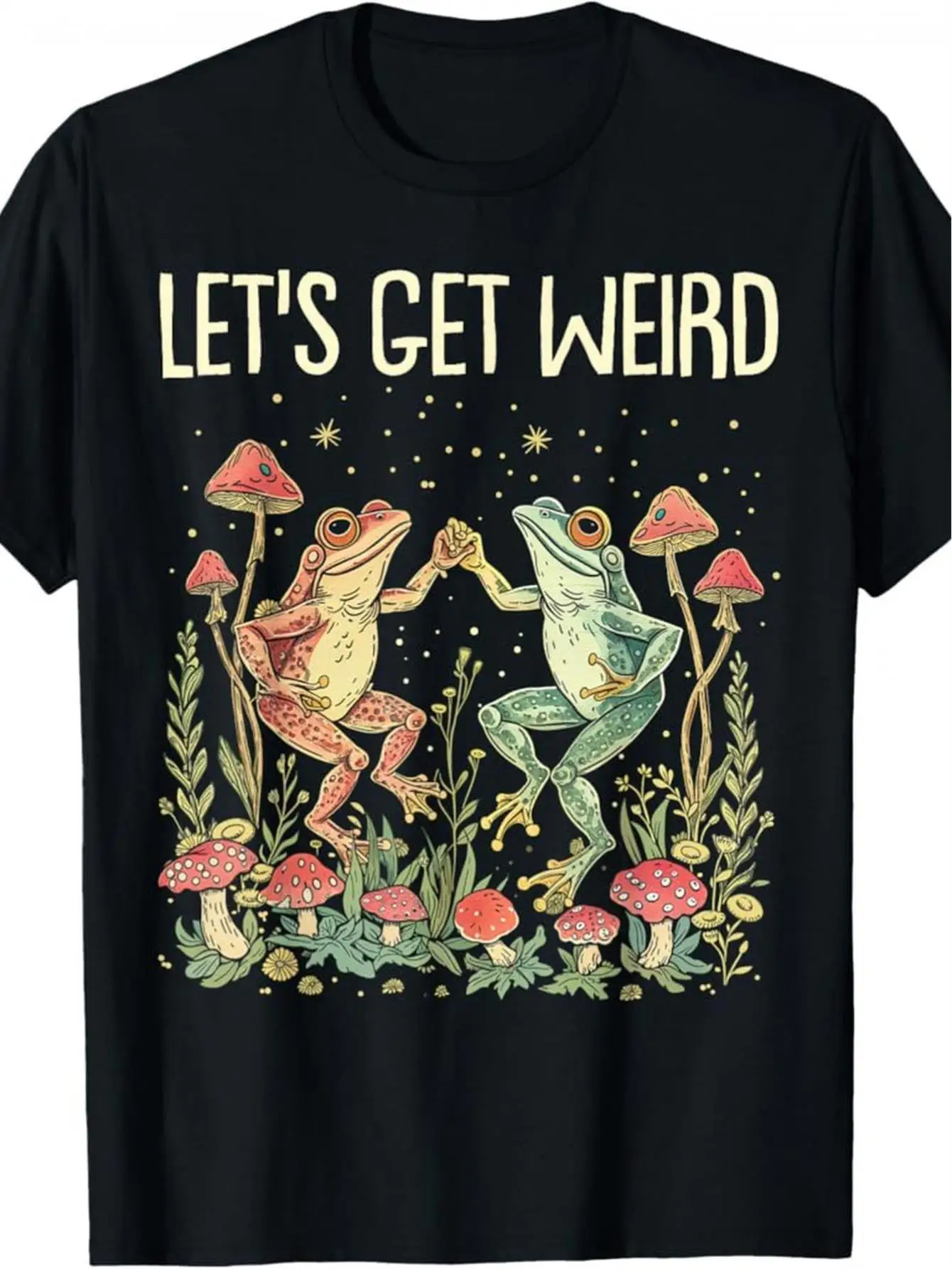 Men's T-shirt - Black casual short-sleeve round-neck T-shirt, featuring dancing frogs and mushrooms, the slogan 