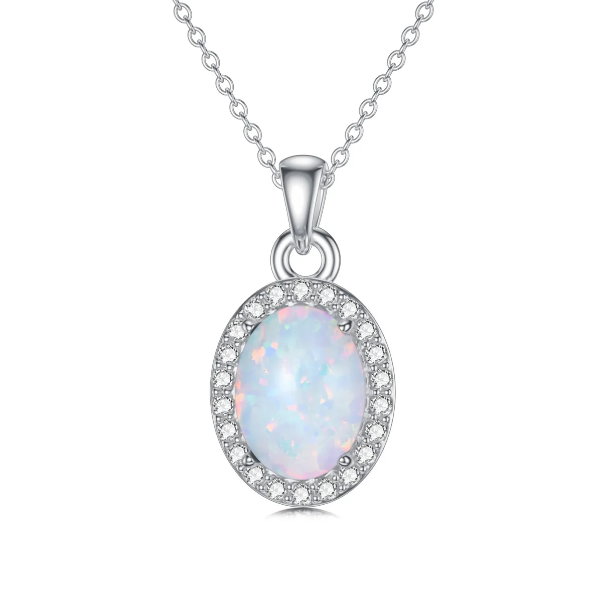 Fashion Women Jewelry 925 Sterling Silver Round Zircon & Opal Oval Shaped Pendant Necklace
