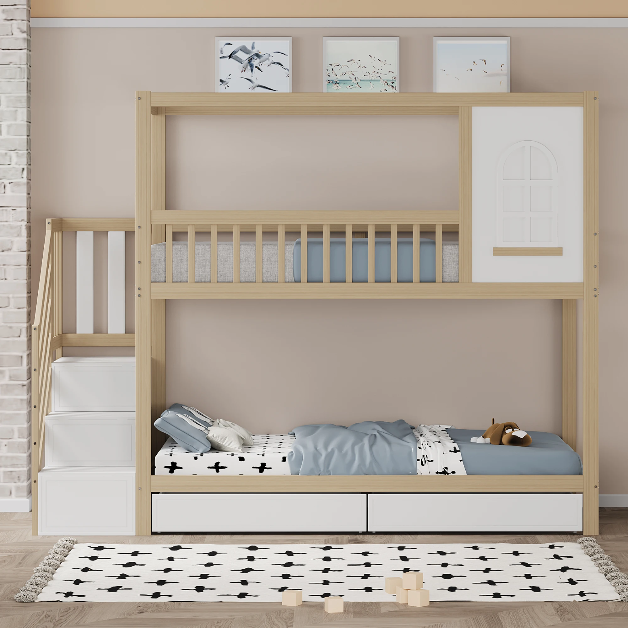 Cama litera infantil KOMHTOM de madera maciza de 90x200 cm con diseño de barandilla de seguridad, cajones de almacenamiento y escalera de seguridad