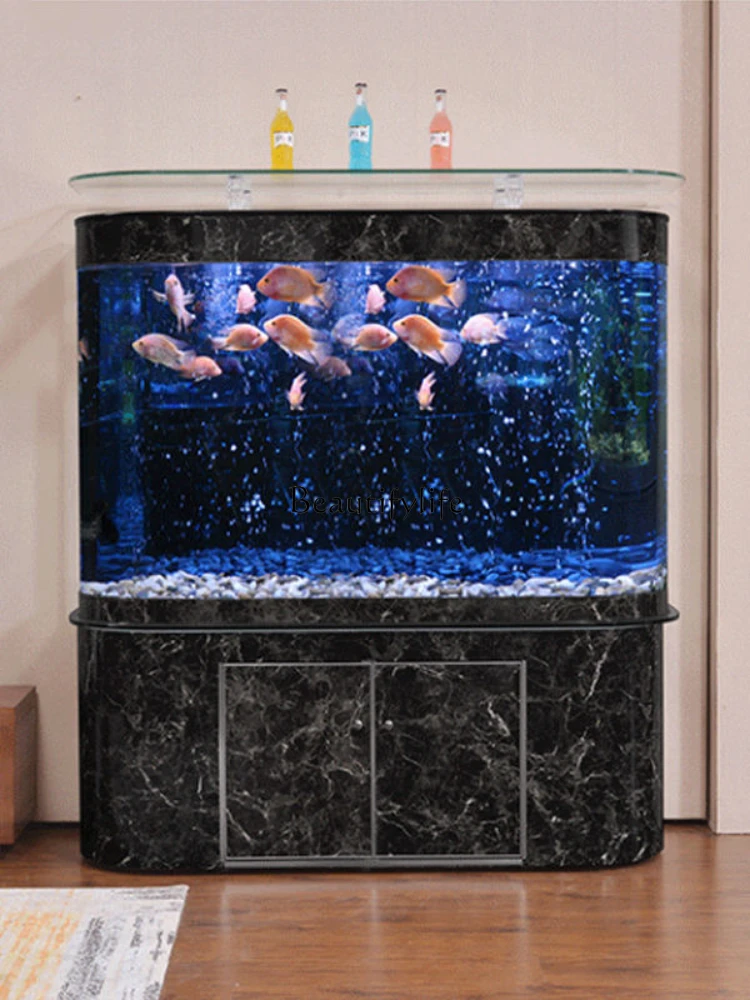 Double round Glass Feng Shui Fortune Aquarium Large Floor Home Lazy Automatic Bottom Filter