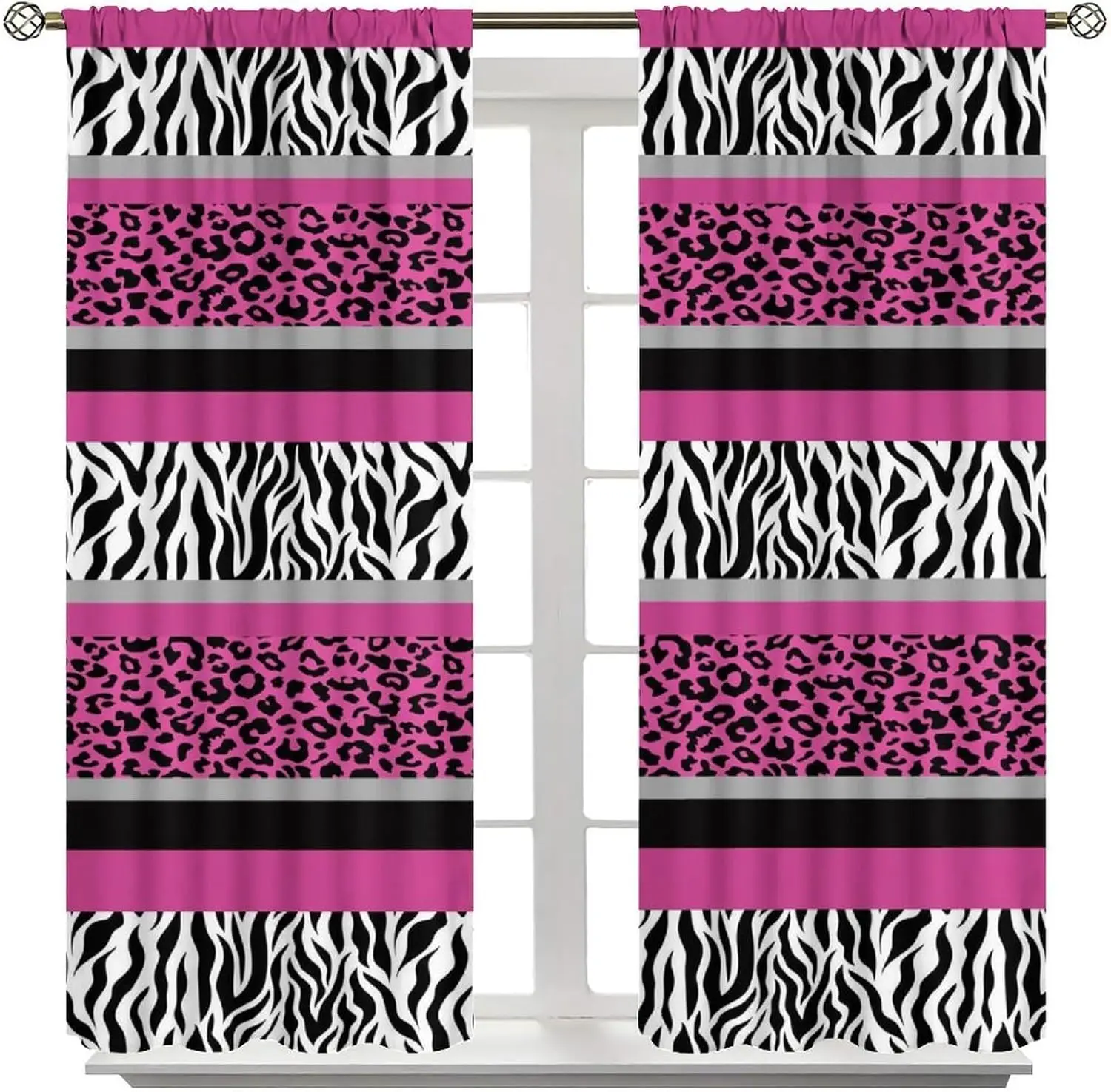 Zebra Stripes Fur Curtains,Leopard Pink Black Abstract Wild Animals Skin Decor Rod Pocket Window Treatments