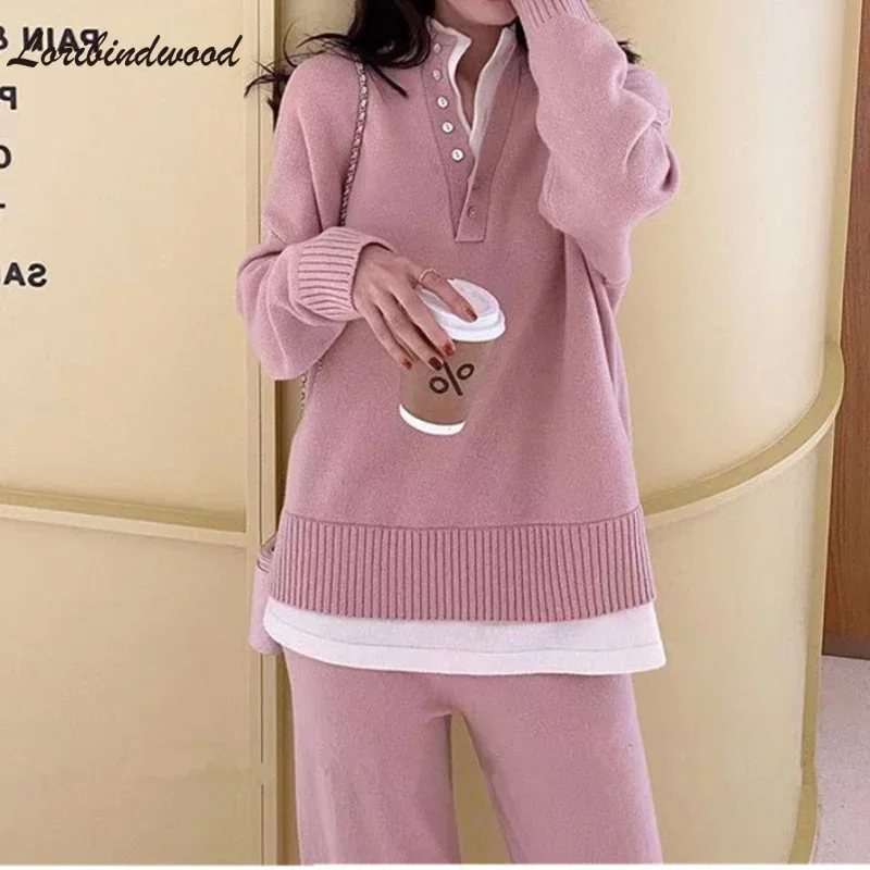 Vintage Chic Hot Style Knitted Sportswear Two-Piece Suit 2023 Autumn And Winter New Fashion  Loose Sweater Wide-Leg Pants Sets