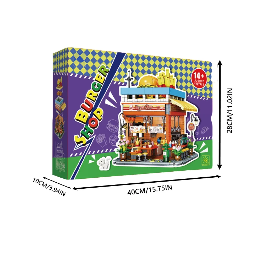 Blocs de construction de magasin de hamburgers créatifs, vue sur la rue, ensembles d'assemblage modulaires MOC, décoration de bureau, idées de modèles, jouets cadeaux pour enfants