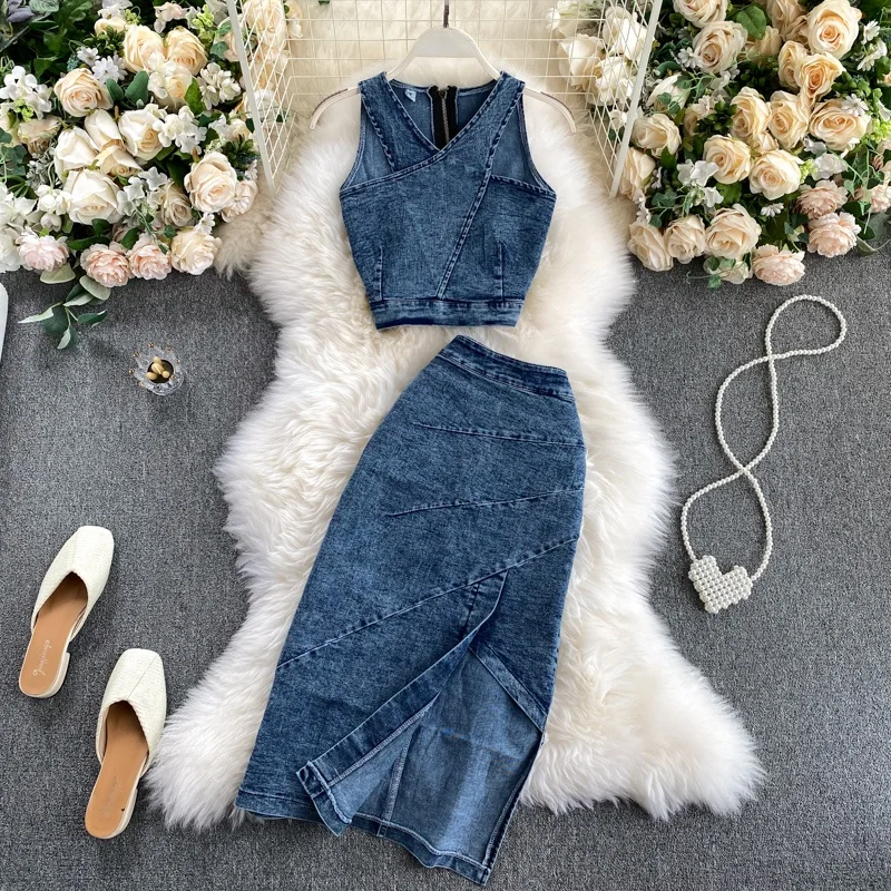 

Slimming High Waist ort Denim Set 2020 New Women's Vest Top f-length Skirt Split Faionable Casual Wear for Young Ladies