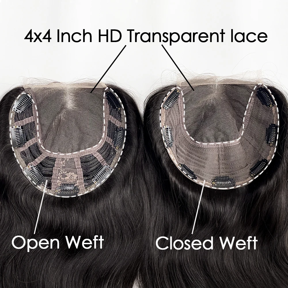 4X4 Inch HD Lace Base Wispy Bangs Topper Natural Black Hair Hairpieces with Clips Virgin Straight Human Hair Wefted Topper