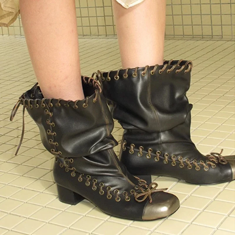 Rubbed Color Lace-Up Chunky Heel Boots Woman Winter 2026 Bow Square Toe Punch Slip-On Short Boots Fashion Boots
