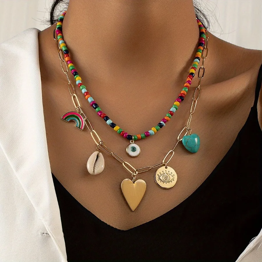 

2pcs Vintage Boho Stone Shell Rainbow Beaded Necklace Y2K Neck Jewelry