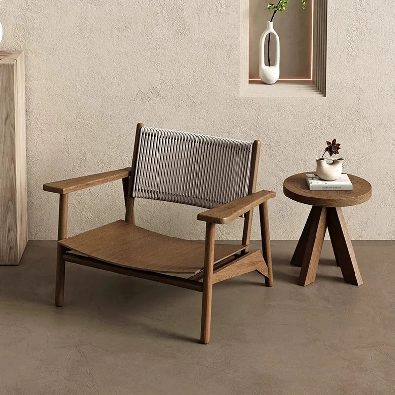 Light Luxury Rattan Outdoor Sofa Chair Single Balcony Wabi Sandy Wind Solid Wood Sofa Coffee Table Combination