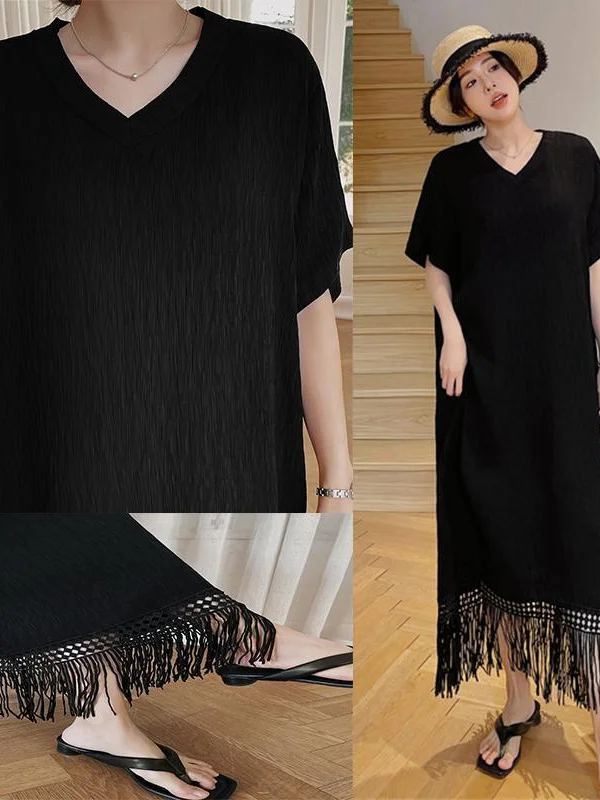 T-shirt décontracté d'été grande taille Dr avec frange taille ample couvrant le ventre effet minceur pour femmes grande taille longue Sve...