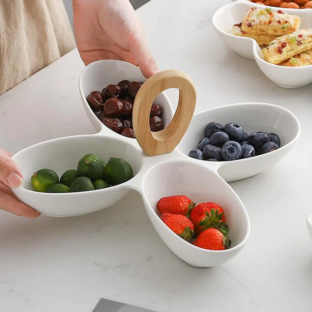 

Clover Leaf Fruit Plate Ceramic Snack Serving Tray with Compartment Ideal for Nuts Candies Dried Fruit Decorative Living Room