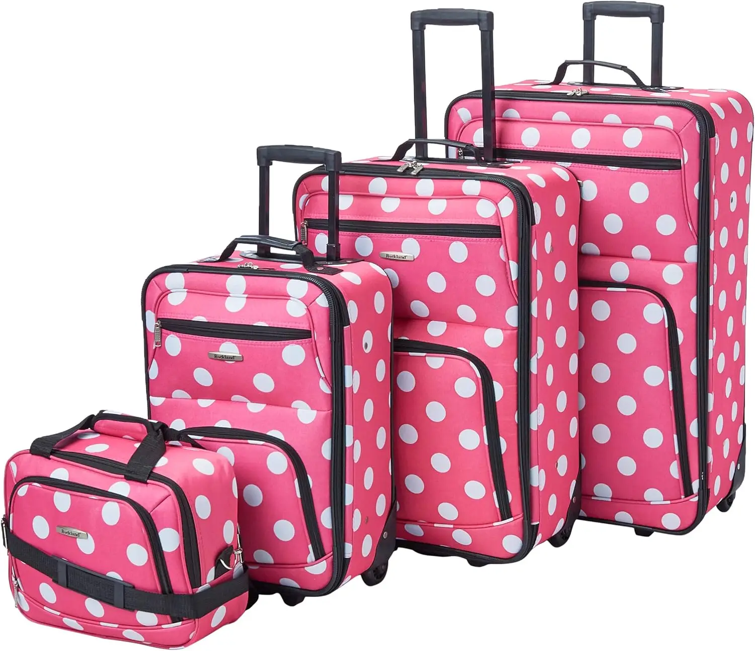 

Expandable Lightweight 4-Piece Luggage Set with Pink Dots, Upright Softside Carry-On and Tote