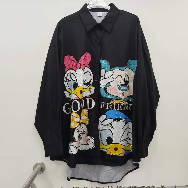 

Осень 2025 г., новая мода, свободная рубашка с длинными рукавами и стразами с мультяшным принтом, кардиган для женщин