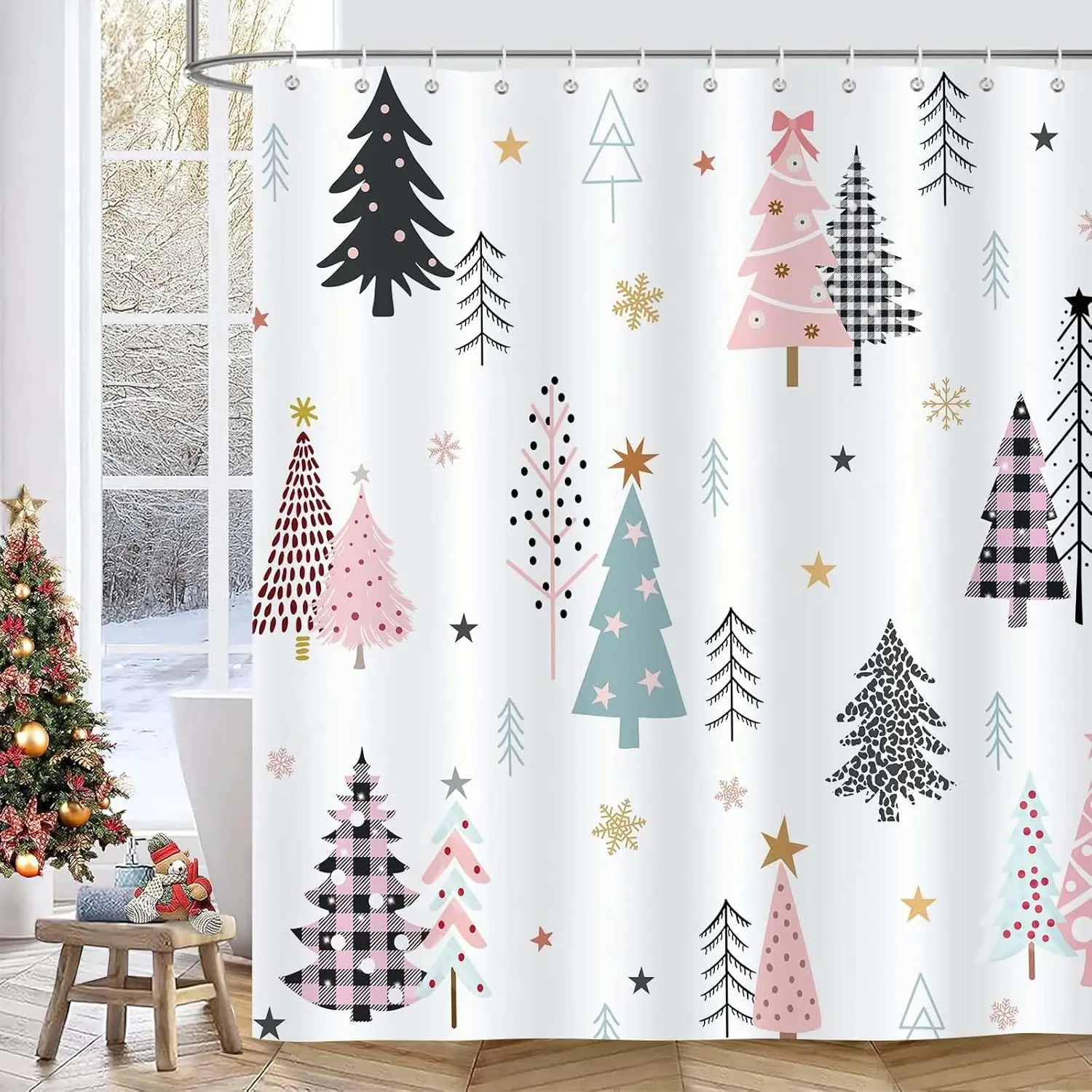 Christmas Tree Shower Curtain,Pink Black Xmas Trees Stars Snowflakes Winter Holiday Bathroom Curtain Polyester Fabric Waterproof