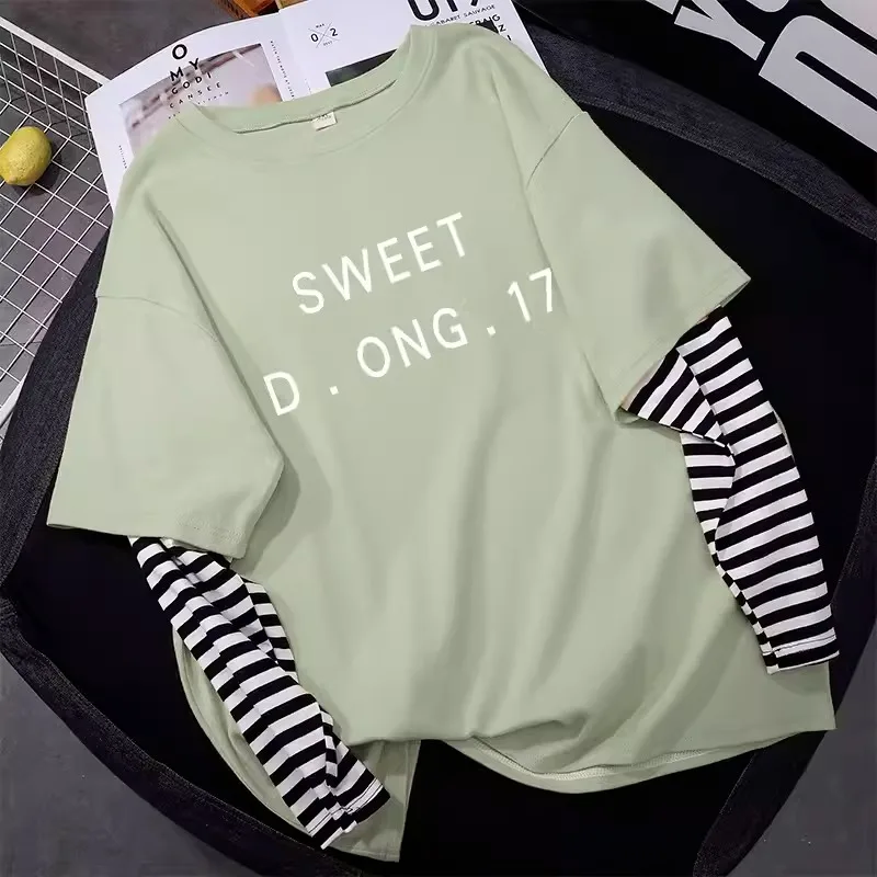 الموضة الكلاسيكية العصرية وهمية قطعتين تي شيرت بأكمام طويلة المرأة 2025 الربيع والخريف نمط جديد فضفاض الكرتون الربط #3