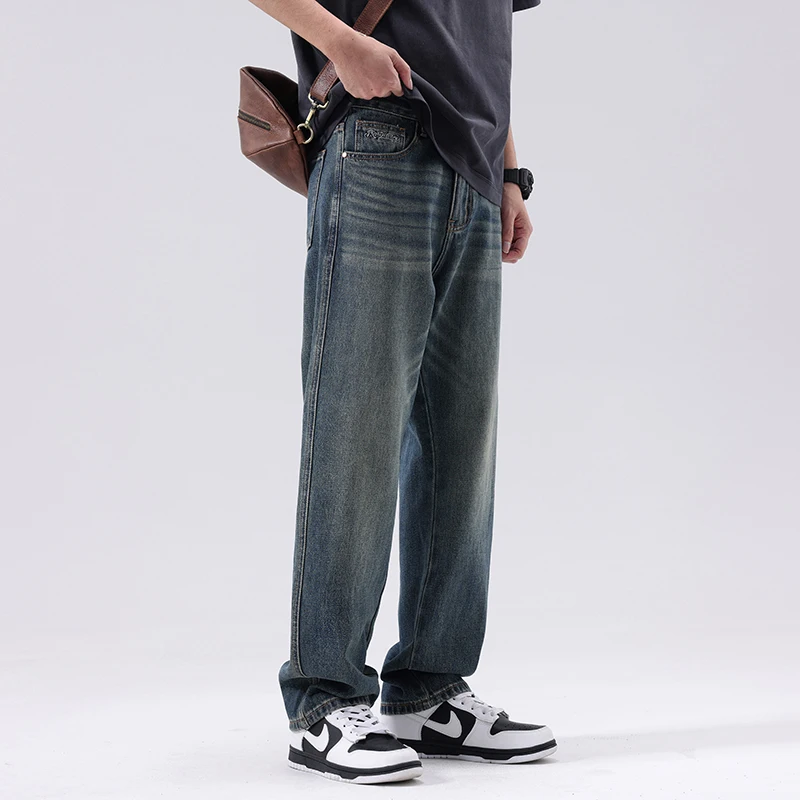 

High Quality American Luxury Vintage Loose Straight-Leg Jeans Oversized Streetwear Wide-Leg Denim Pants for Men Plus Size 40
