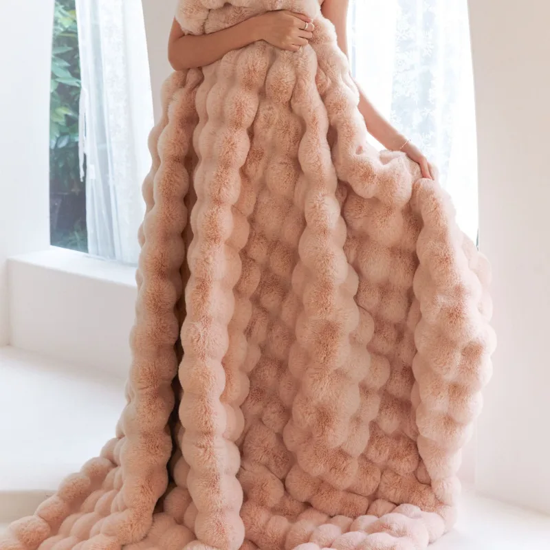 Office doublesided thickened Fluffy Plush Throw sofa blanket Ultra Soft Bubble nap blanket Bedroom Luxury Faux Rabbit Fur Blanke