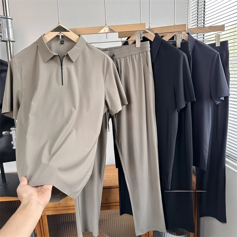 

Легкий комплект для активного отдыха: мужская футболка с коротким рукавом и брюки прямого кроя с эластичным поясом, быстросохнущие, для лета