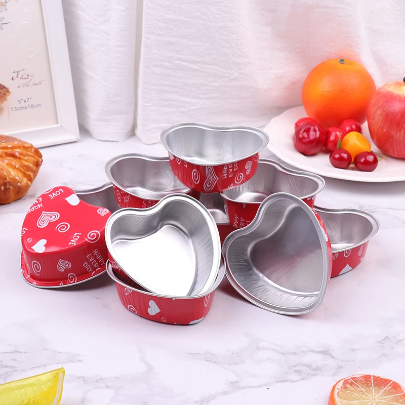 10Pcs Heart Shaped Aluminum Foil Cake Pan Cupcake Cup With Lids Flan Baking Pans  Mother's Day Valentine's Day Wedding Birthday