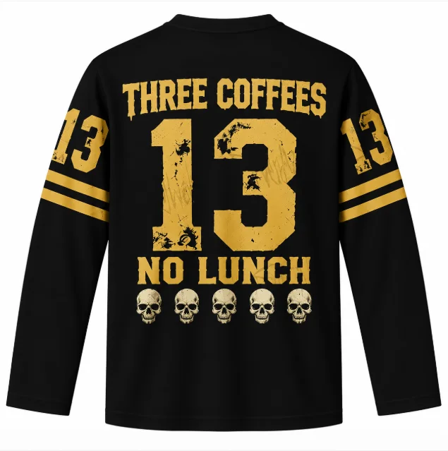 Three Coffees No Lunch Graphic Long Sleeve Shirts Men Vintage Skull Warrior Print Crew Neck Jersey Tops Black Gold Streetwear