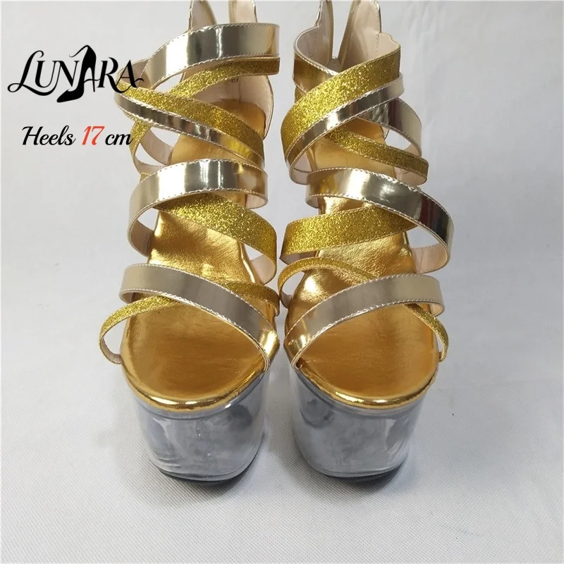 17cm/7Inch Gold Metallic Strappy Open toe Platform Stilettos Sandals Zipper Stripper shoes Exotic Pole dance Clubs Rave Parties