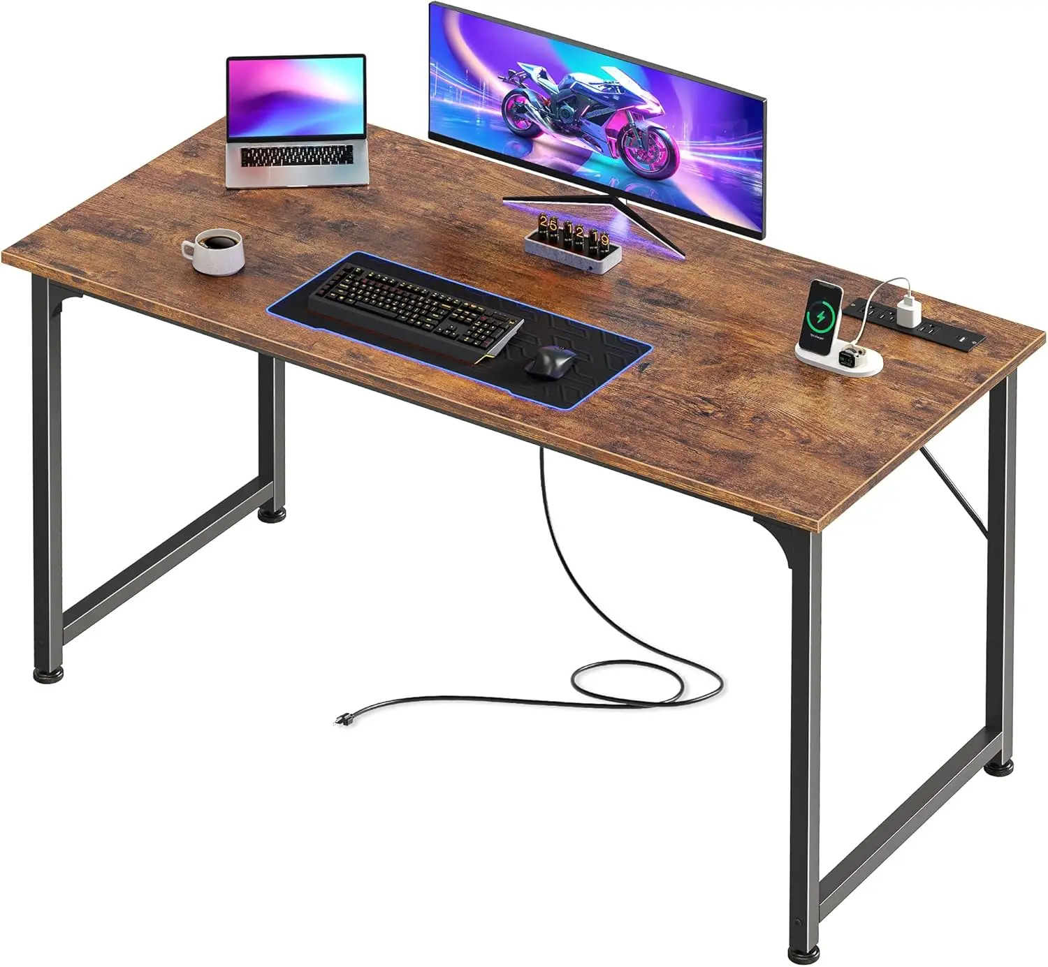 47x20 Inch Office Desk with Power Outlets & USB-C, Gaming Table for Home Office, Study, Bedroom, Rustic Brown Metal Frame