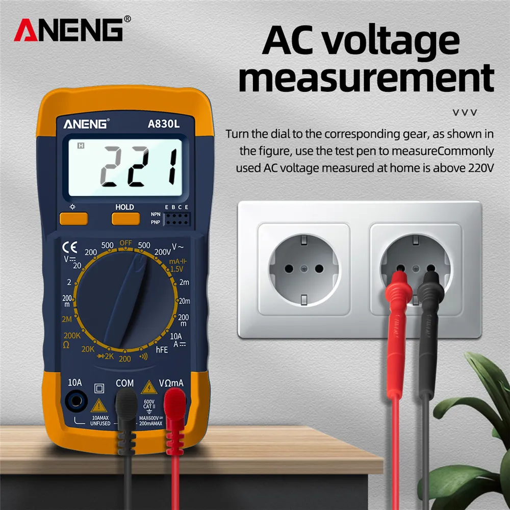 ANENG LCD 디지털 멀티미터 전압계 전류계, AC DC 전류 전압 다이오드, 주파수 테스터 기계, 부저 기능 포함, A830L