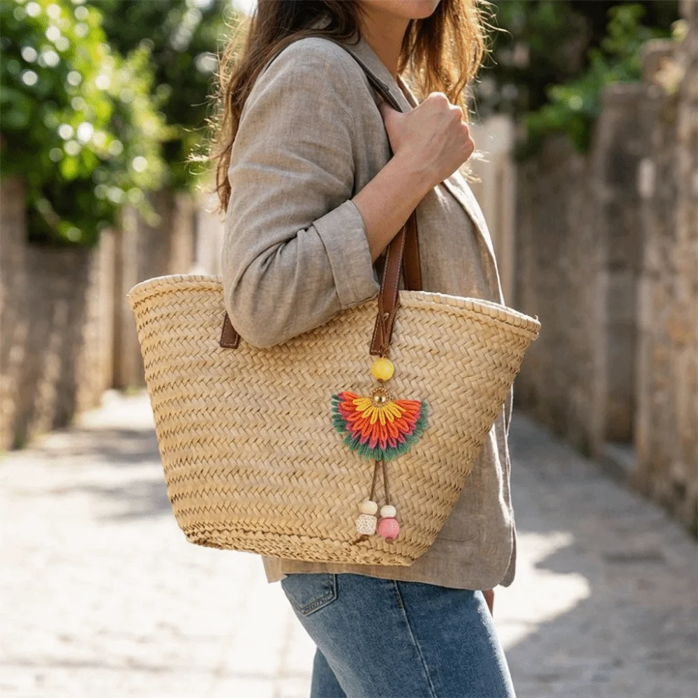 Colorful Floral Raffia Bag Charm Lightweight Soft Natural Texture Bag Chain Compact Size Vivid Details Hand Woven Pendant