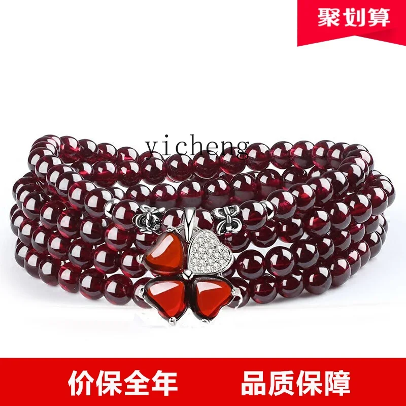 XL Natural Garnet 5mm Bracelet Multi-layer Multi-circle Necklace 925 Silver Jewelry Women