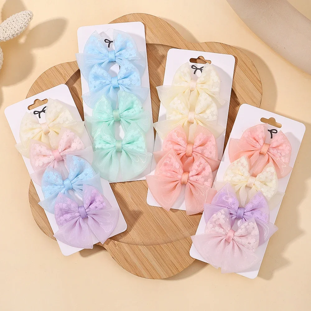 4Pcs/set Princess Cheer Bowknot Hair Clips for Girl Sweet  Gauze Handmade Hairpins Children Hairgripes Delicate Kids Headwear