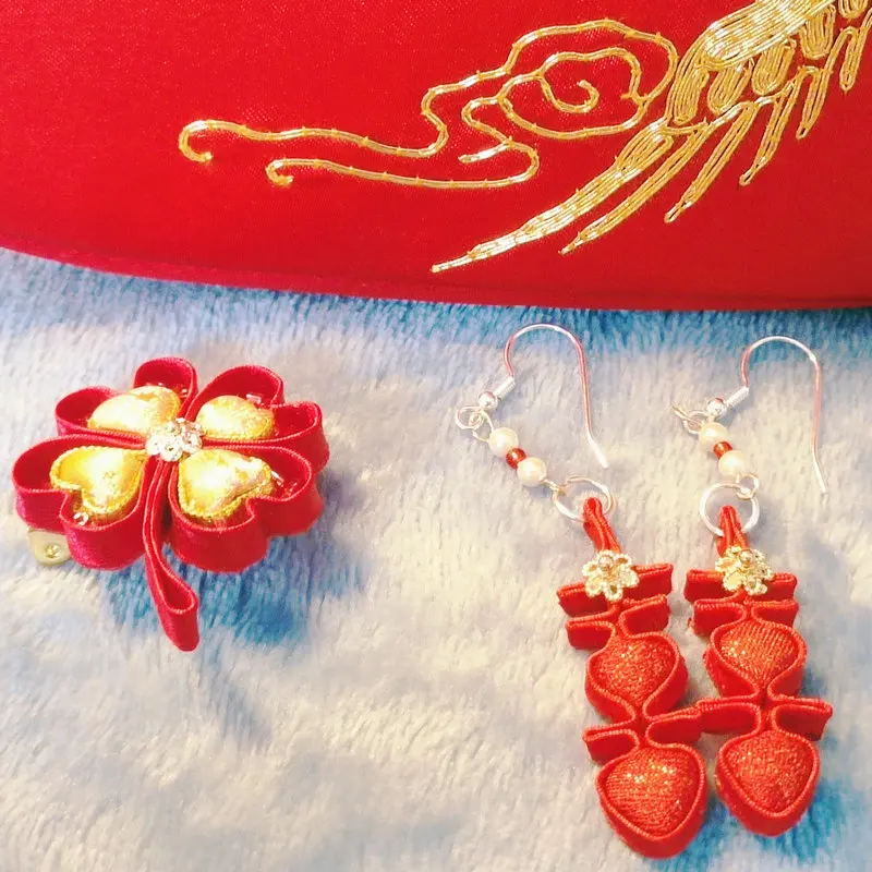 Red Handmade Knot Earrings With XI Character & Song Brocade Fabric Earring Chinese Old Money Accessories Wedding Honeymoon Party