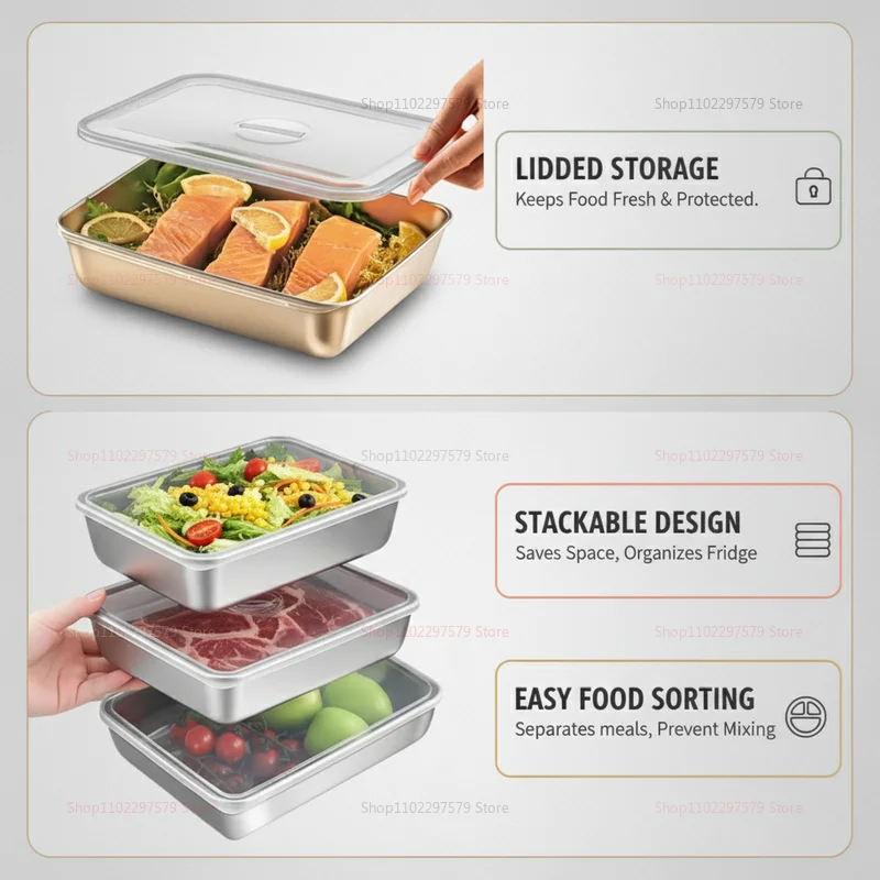 Stainless Steel Food Storage Serving Trays Rectangle Sausage Noodles Fruit Dish with Cover Home Kitchen Organizers Food Containe
