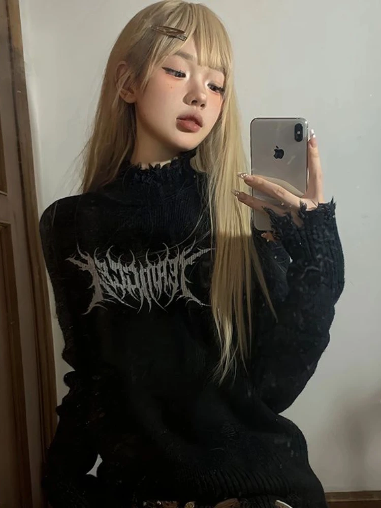 Deeptown Y2k Gothic Goth Harajuku Black Grunge Punk Print Sweater Tassels Long-sleeved Pullover 2024 Autumn Fashion Vintage.