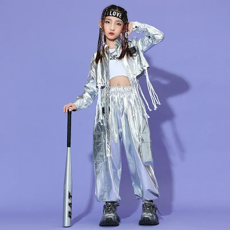 Neues Hip-Hop-Kostüm für Kinder, silberne Jacke, Hose, langärmelig, Straßentanz-Outfits, Teenager, Mädchen, Jazz-Bühnenkleidung