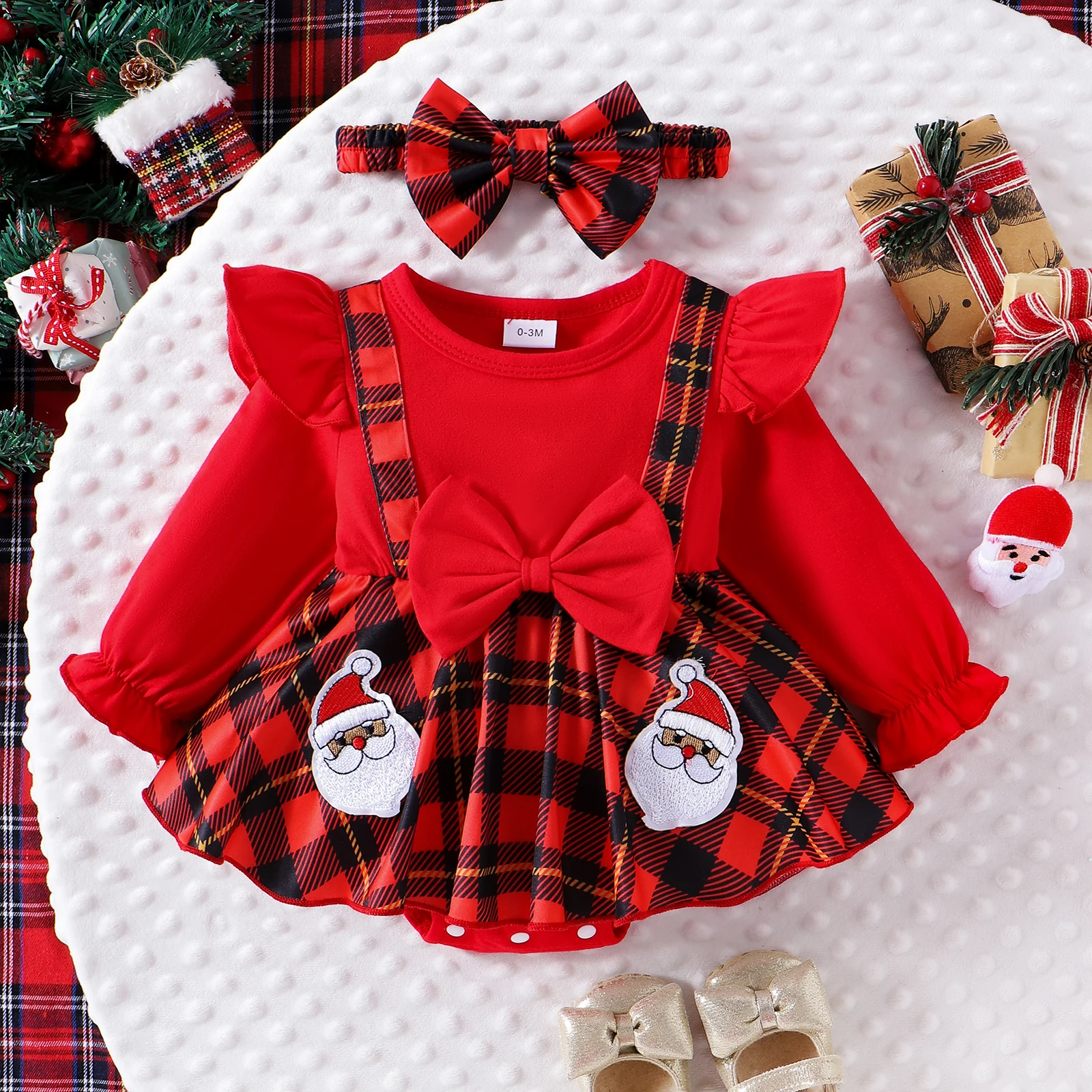 2PCS Autumn Newborn Girls Aged 0-1 Years Old Baby Round Neck Comfortable Christmas Red Long-Sleeved Plaid Skirt