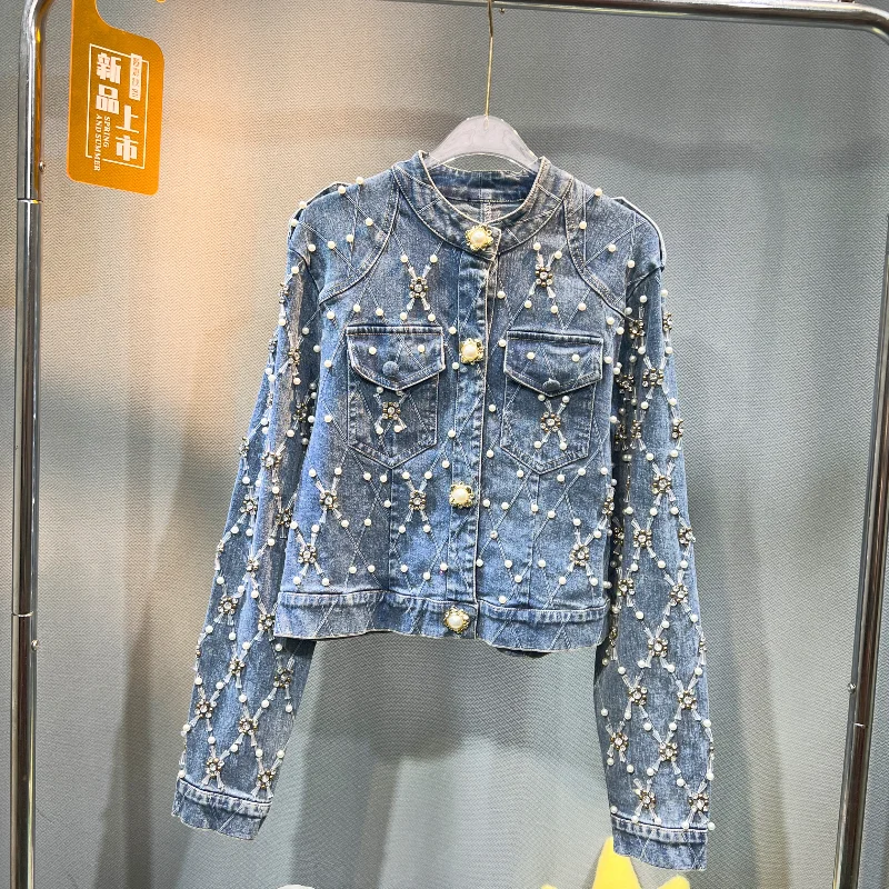 

Luxury Beads Diamond Women Denim Jacket 2024 New Autumn Stand Collar Single-breasted Short Outwear All-match Long Sleeve Coat