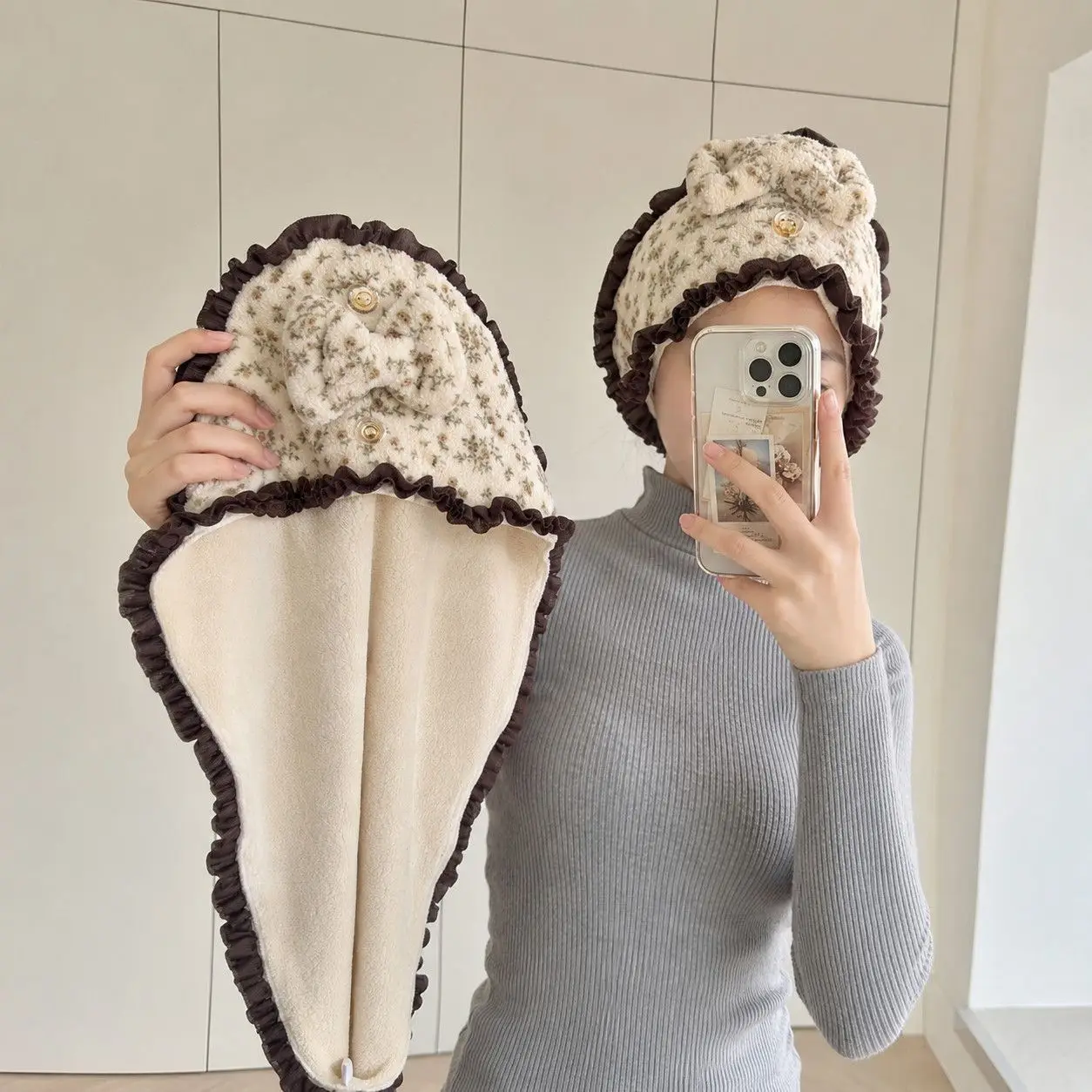 Floral Microfiber Hair Towel Wrap With Bow Ruffle Edge Quick Dry Absorbent Soft Bath Head Turban For Women Girls Bathroom Use