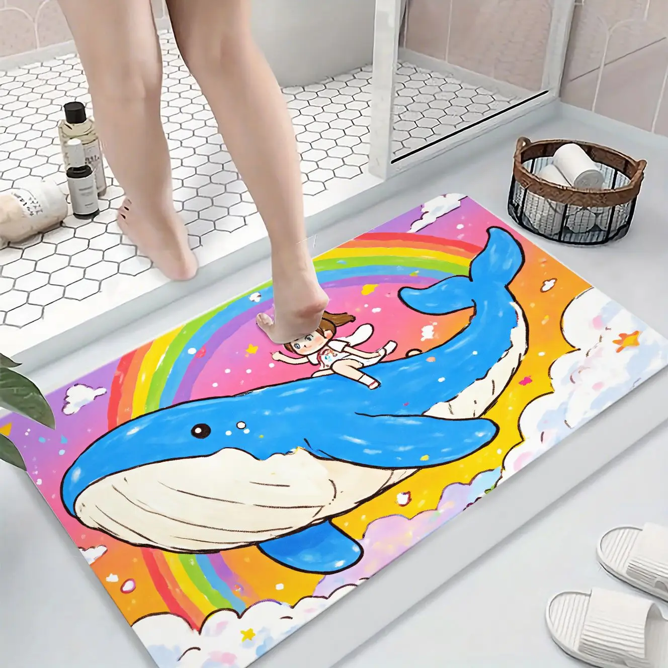 

MatMuse Girl Riding Giant Whale Soft Diatomaceous Earth Mat Floor mats Quick-Drying Doormat Easy Clean Washable Balcony Bed Mat