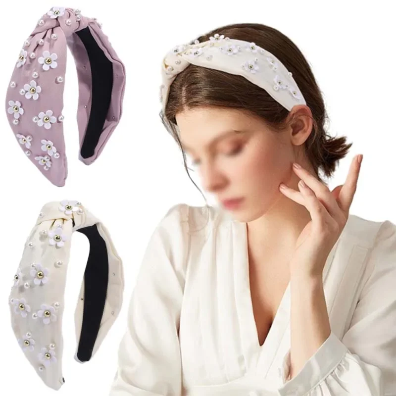 ncmama New Women Flower Headbands with Pearl Rhinestone Cute Wide Top Knot Headband Non Slip Hair Hoop Simple Hair Accessories