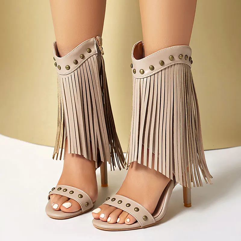 Summer new style fashion high heels Women's sandals solid color open-toe tassel metal decoration thin heels Women's sandals