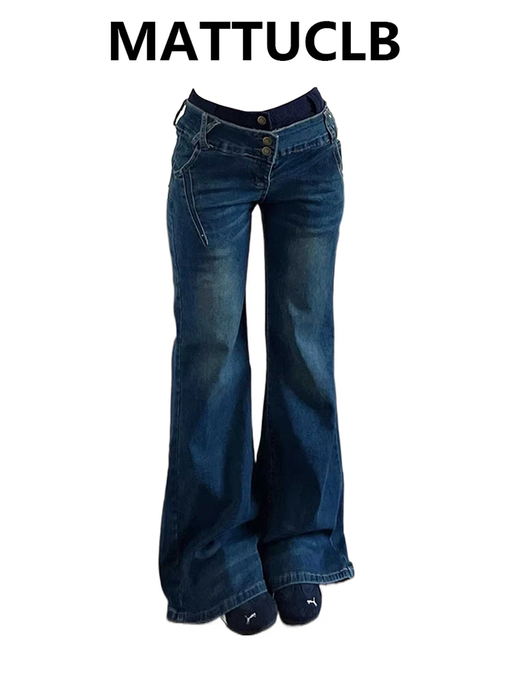 

Women's Fake Two Pieces Designer Jeans Bell Bottom 2000s Blue Denim Pants Flare Jeans Long Trousers American Retro Japanese Y2k