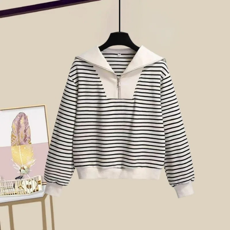 Striped Sweatshirts Women Sailor Collar New Chic Autumn Korean Trendy Loose Long Sleeve Contrasting Colors Pullover Cropped Tops