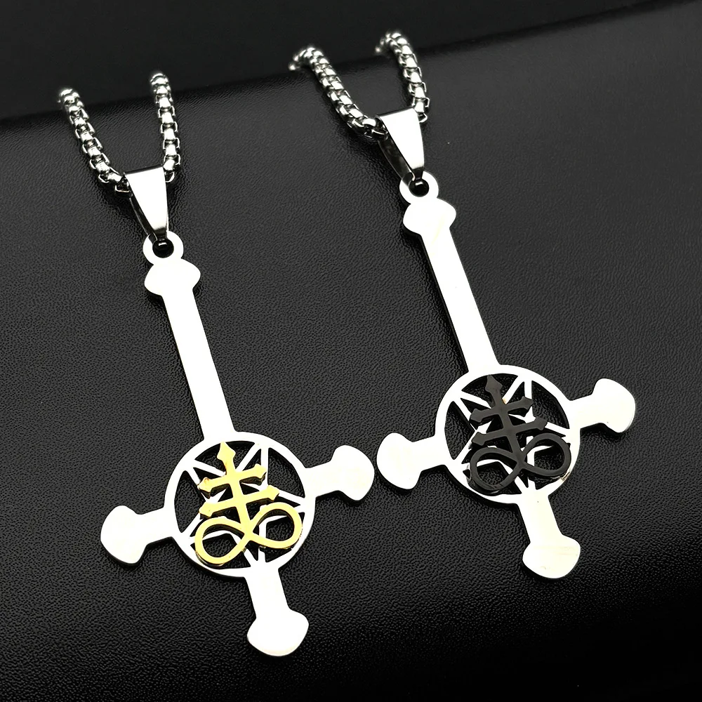 New trendy stainless steel Gothic punk inverted cross and five-pointed star pendant necklace - versatile sweater chain accessory