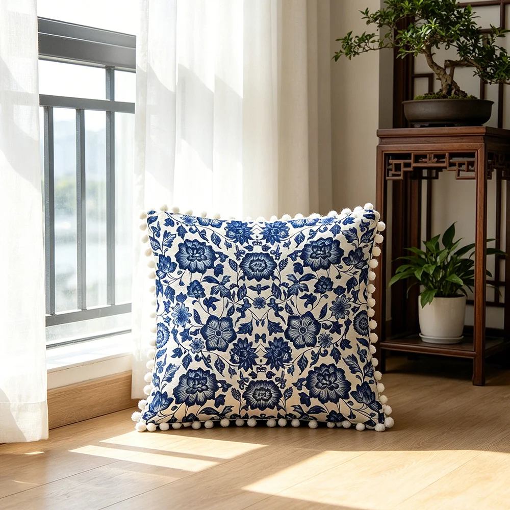 1PC Porcelain Shadow Floral Print Pillow Cover Pom Pom Tassel Elegant Decorative Throw Pillow Sofa Couch Bedroom Home Decor