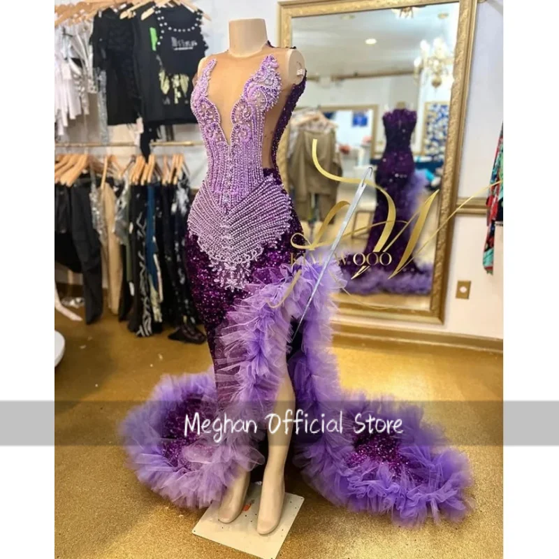 Grape Purple Gorgeous Split Mermaid Evening Glitter Diamante Beaded Appliqué Lace Hem Black Girl Birthday Custom Formal Dresss