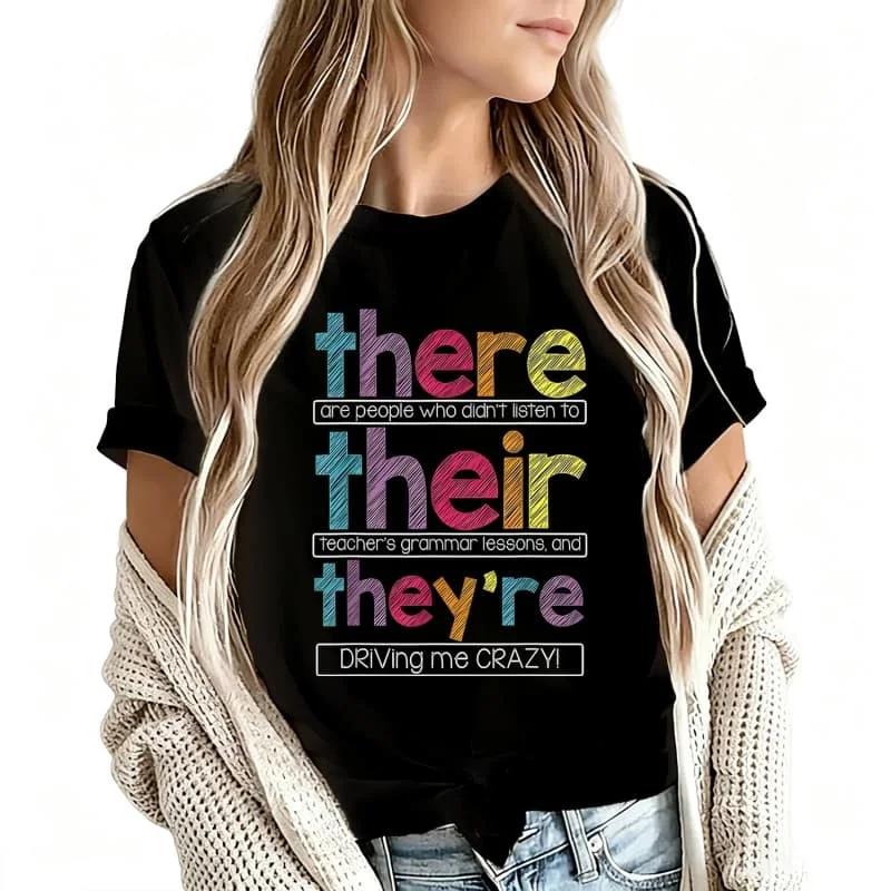 There Their They'Re Women's T-Shirt 100% Cotton Funny Graphic Short Sleeve Tee Novelty Shirt Casual Crew Neck Top S-5Xl
