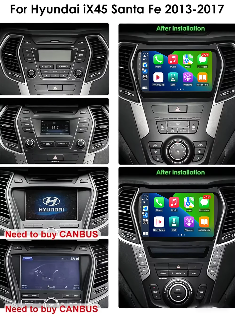 Wireless Carplay For Hyundai Santa Fe IX45 2013-2017 Android 16 Car Radio Multimedia Player Navigation GPS WIFI Head Unit