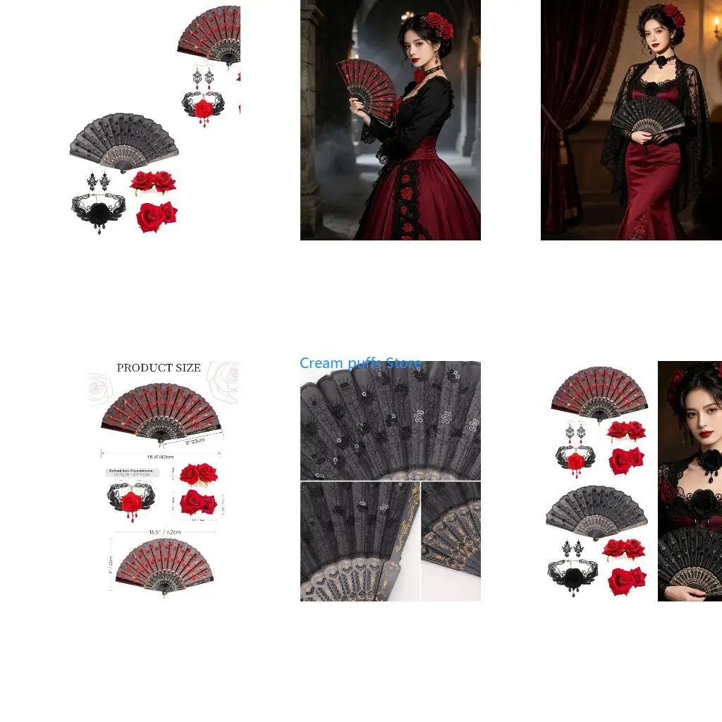 50LE Gothic Costume Accessory Bundle with Folding Fan and Matching Rose Jewelry for Cosplay, Stage Styling, and Theme Photos
