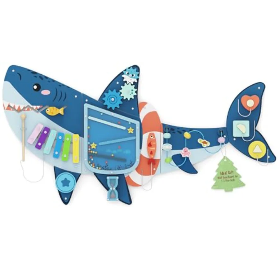 

Shark Wall Busy Board Panels Montessori Sensory Activity Center - Wooden Educational Toys for Toddlers Promotes Holistic Develo
