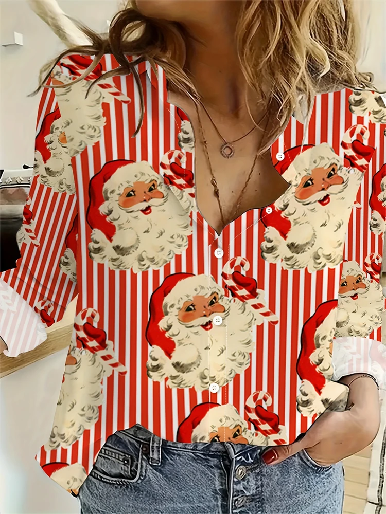 

New Christmas Women's Wear Casual Relaxed-Fit Button-Down Shirt Christmas Tree And Santa Claus Print Stylish Collared Shirt